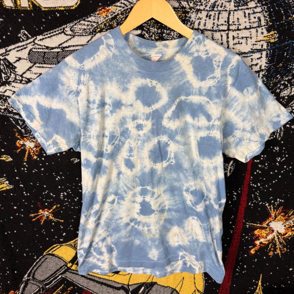 Vintage 80s Fruit of the Loom Tie Dye T-Shirt Blue White Single Stitch 18x25
